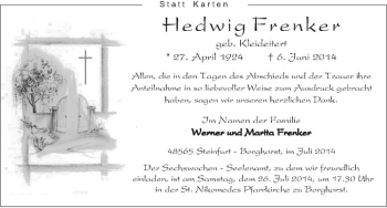 Todesanzeige von Hedweig Frenker von Westfälische Nachrichten