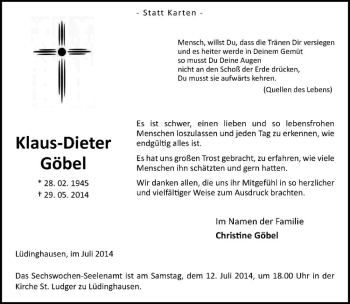 Todesanzeige von Klaus-Dieter Göbel von Westfälische Nachrichten