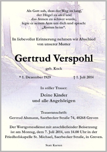 Todesanzeige von Gertrud Verspohl von Westfälische Nachrichten