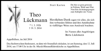 Todesanzeige von Theo Lückmann von Westfälische Nachrichten