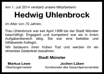 Todesanzeige von Hedwig Uhlenbrock von Westfälische Nachrichten