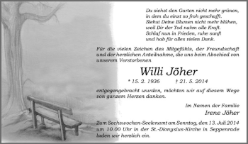 Todesanzeige von Willi Jöher von Westfälische Nachrichten