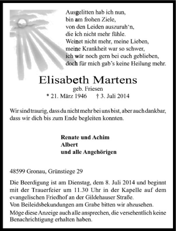 Todesanzeige von Elisabeth Martens von Westfälische Nachrichten
