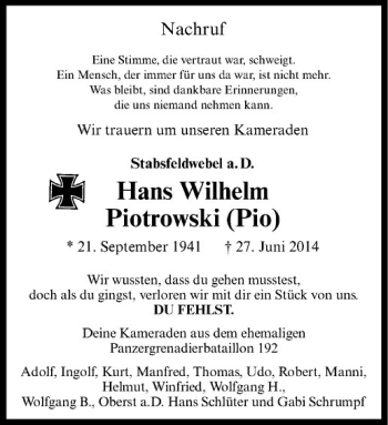 Todesanzeige von Hans Wilhelm Piotrowski von Westfälische Nachrichten
