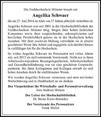 Todesanzeige von Angelika Schwaer von Westfälische Nachrichten