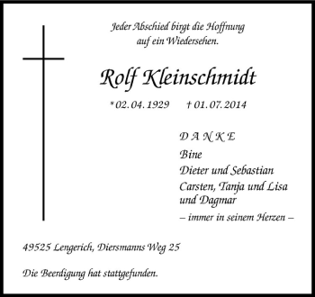 Todesanzeige von Rolf Kleinschmidt von Westfälische Nachrichten