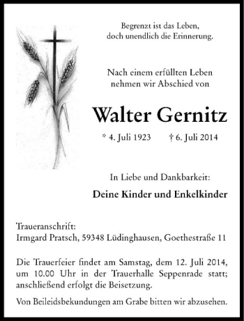 Todesanzeige von Walter Gernitz von Westfälische Nachrichten