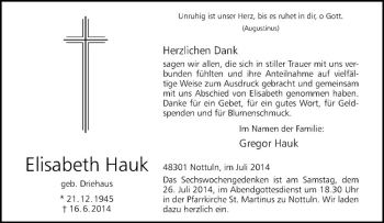 Todesanzeige von Elisabeth Hauk von Westfälische Nachrichten