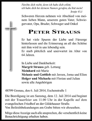 Todesanzeige von Peter Strauss von Westfälische Nachrichten