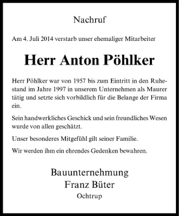 Todesanzeige von Anton Pöhler von Westfälische Nachrichten