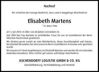 Todesanzeige von Elisabeth Martens von Westfälische Nachrichten