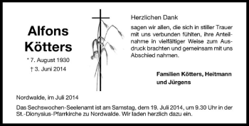 Todesanzeige von Alfons Kötters von Westfälische Nachrichten