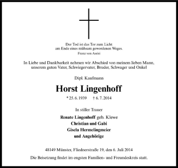 Todesanzeige von Horst Lingenhoff von Westfälische Nachrichten