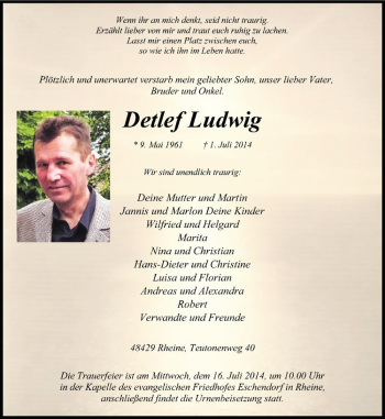 Todesanzeige von Detlef Ludwig von Westfälische Nachrichten