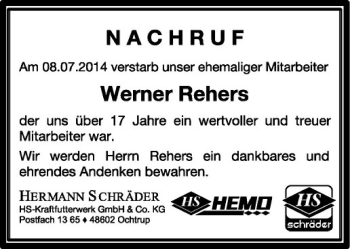 Todesanzeige von Werner Rehers von Westfälische Nachrichten