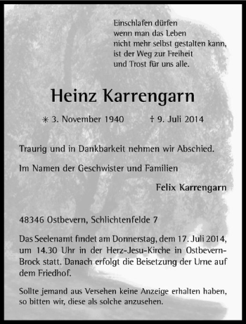 Todesanzeige von Heinz Karrengarn von Westfälische Nachrichten