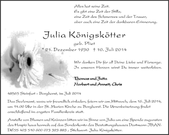 Todesanzeige von Julia Königskötter von Westfälische Nachrichten