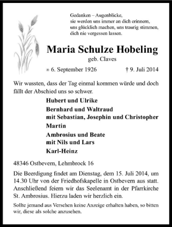 Todesanzeige von Maria Schulze Hobeling von Westfälische Nachrichten