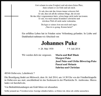Todesanzeige von Johannes Puke von Westfälische Nachrichten