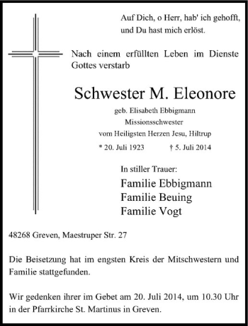 Todesanzeige von Elisabeth Ebbigmann von Westfälische Nachrichten