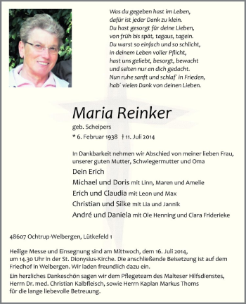 Todesanzeige von Maria Reinker von Westfälische Nachrichten