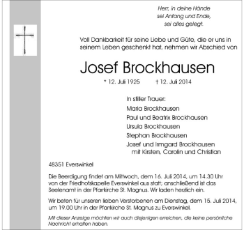 Todesanzeige von Josef Brockhausen von Westfälische Nachrichten