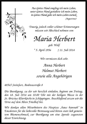Todesanzeige von Maria Herbert von Westfälische Nachrichten