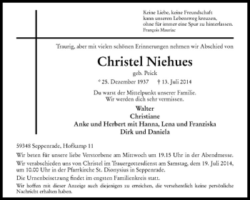 Todesanzeige von Christel Niehues von Westfälische Nachrichten