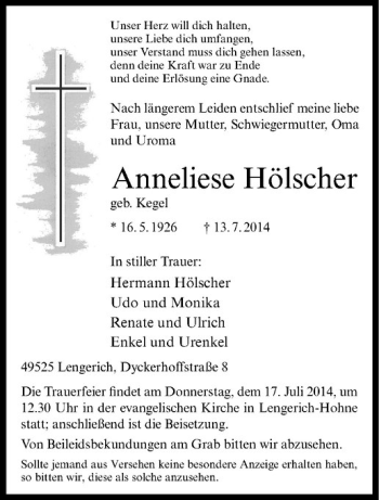 Todesanzeige von Anneliese Hölscher von Westfälische Nachrichten