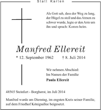 Todesanzeige von Manfred Ellereit von Westfälische Nachrichten