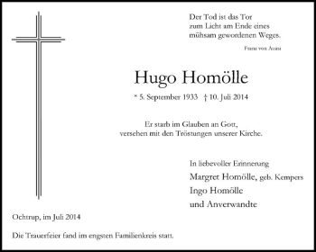 Todesanzeige von Hugo Homölle von Westfälische Nachrichten