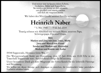 Todesanzeige von Heinrich Naber von Westfälische Nachrichten