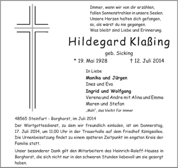 Todesanzeige von Hildegard Klaßing von Westfälische Nachrichten
