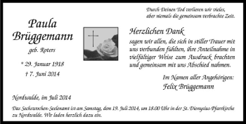 Todesanzeige von Paula Brüggemann von Westfälische Nachrichten