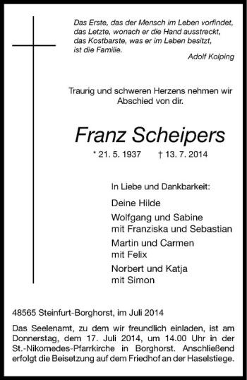 Todesanzeige von Franz Scheipers von Westfälische Nachrichten