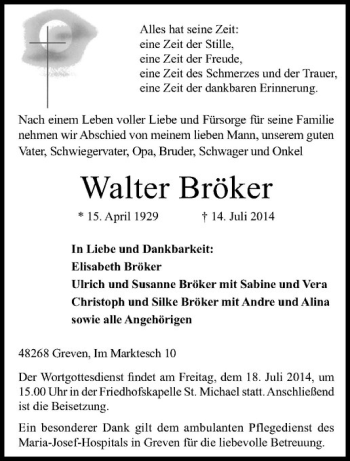 Todesanzeige von Walter Bröker von Westfälische Nachrichten