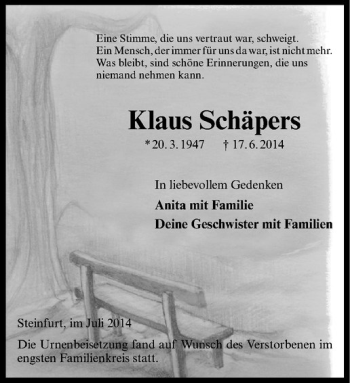 Todesanzeige von Klaus Schäpers von Westfälische Nachrichten