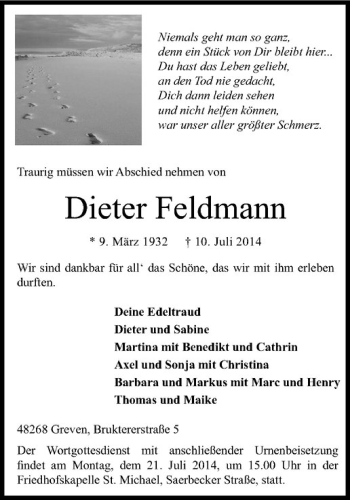 Todesanzeige von Dieter Feldmann von Westfälische Nachrichten
