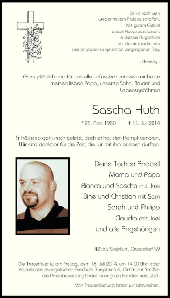 Todesanzeige von Sascha Huth von Westfälische Nachrichten