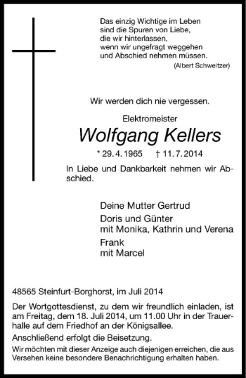Todesanzeige von Wolfgang Kellers von Westfälische Nachrichten