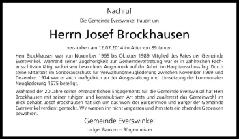Todesanzeige von Josef Brockhausen von Westfälische Nachrichten