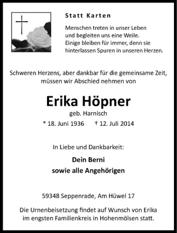 Todesanzeige von Erika Höpner von Westfälische Nachrichten