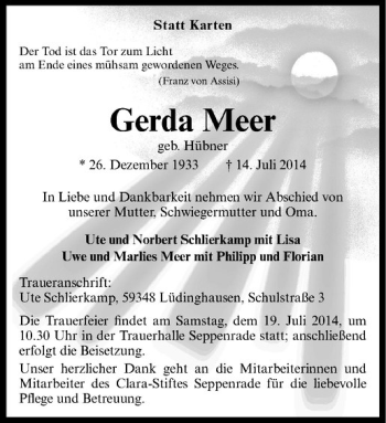 Todesanzeige von Gerda Meer von Westfälische Nachrichten