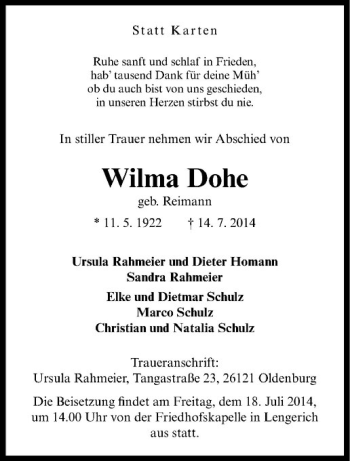 Todesanzeige von Wilma Dohe von Westfälische Nachrichten
