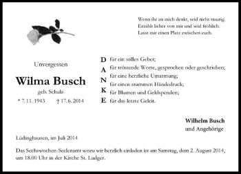 Todesanzeige von Wilma Busch von Westfälische Nachrichten