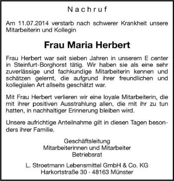 Todesanzeige von Maria Herbert von Westfälische Nachrichten