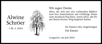 Todesanzeige von Alwine Schröer von Westfälische Nachrichten