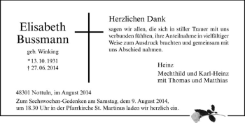 Todesanzeige von Elisabeth Bussmann von Westfälische Nachrichten