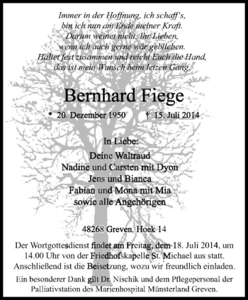 Todesanzeige von Bernhard Fiege von Westfälische Nachrichten
