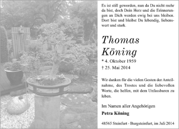 Todesanzeige von Thomas Köning von Westfälische Nachrichten